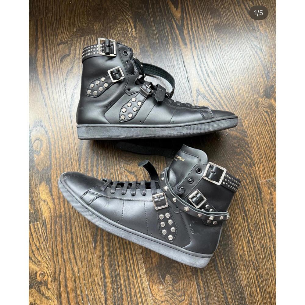 Saint Laurent Black Leather Studded High Top Sneakers EU 40